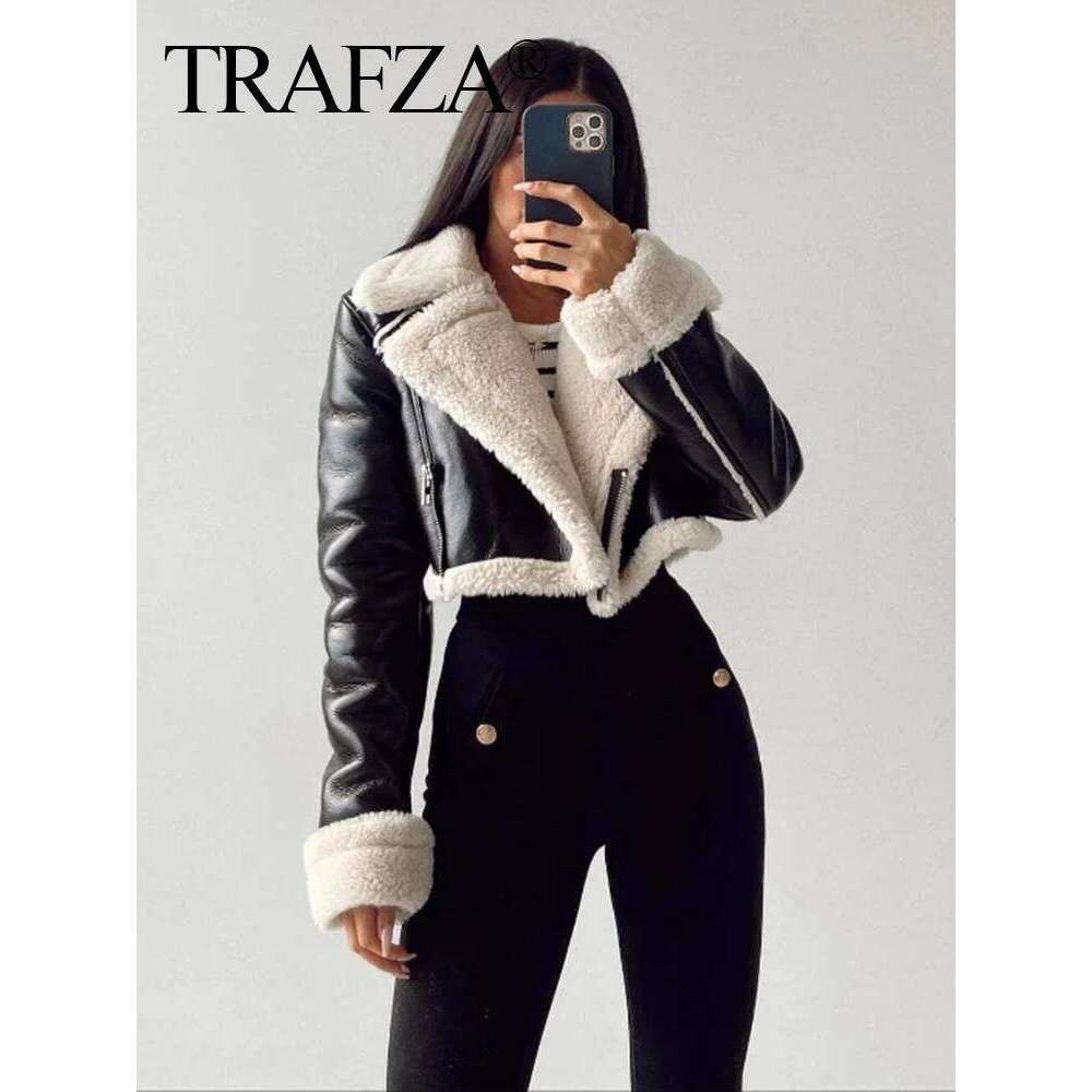 TRAFZA Women's Cropped Coat Black Wool Blends Coats Bomber Tweed Autumn Winter Leather Fur Crop Jacket