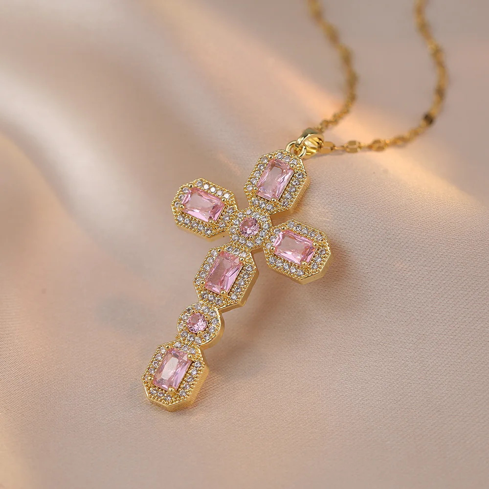 White Pink Zircon Big Cross Pendants Clavicle Necklaces For Women Stainless Steel Chains Necklace Birthday Party Jewelry 250609