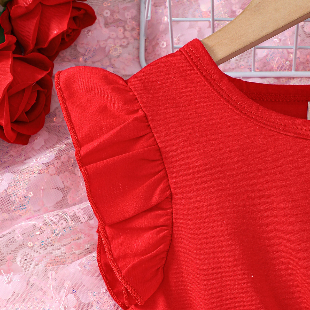 Round Neck Flying Sleeve Red Tunic With Heart Pattern For Teenage Girls In Summer