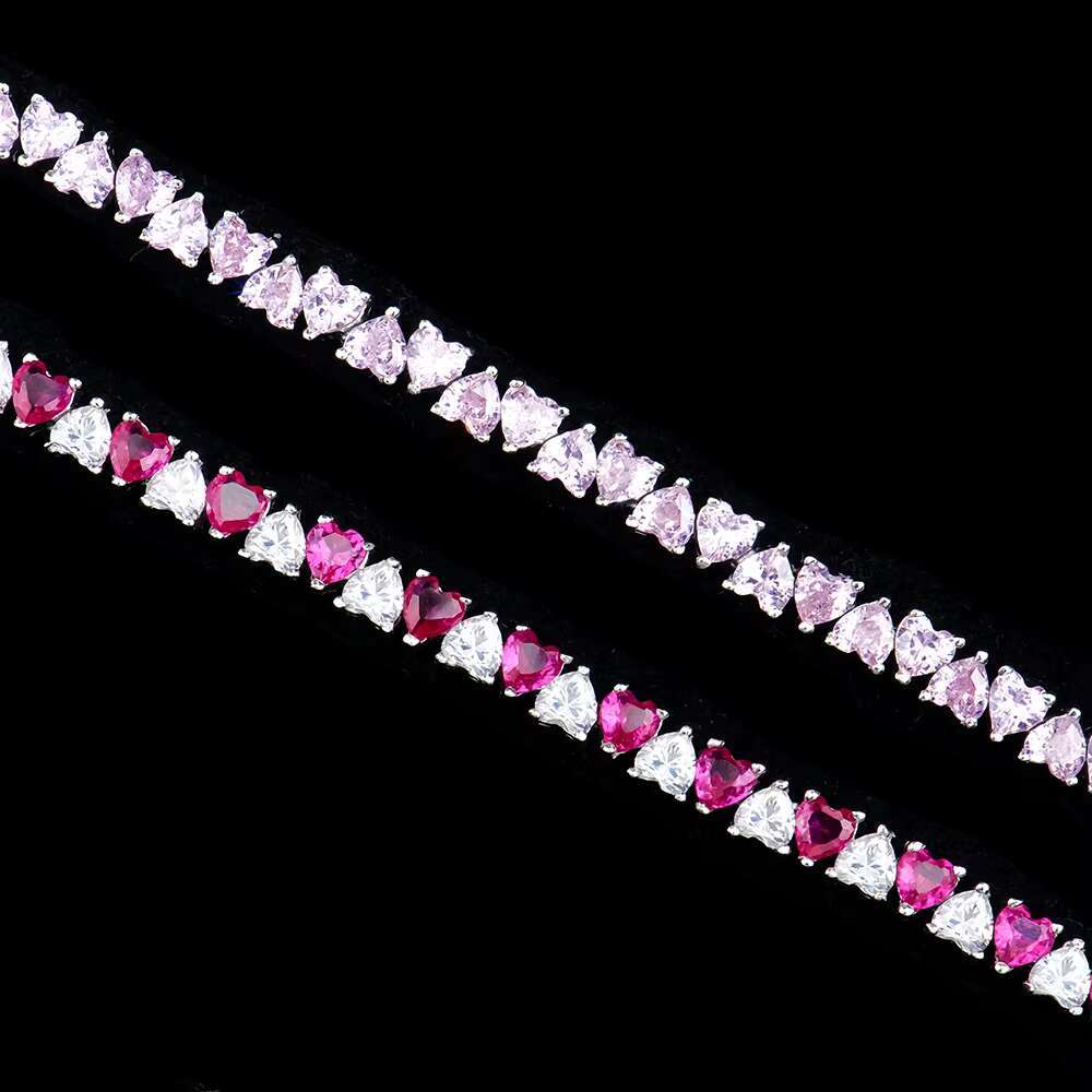 925 Sterling Silver Womens Tennis Chain Bracelet 3mm With Heart Diamonds Pink Vvs Featuring Zircon Moissanite OACOCA