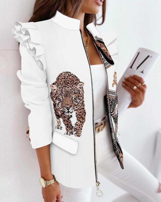 2025 popular autumn and winter ruffled long sleeved zipper printed suit jacket for women