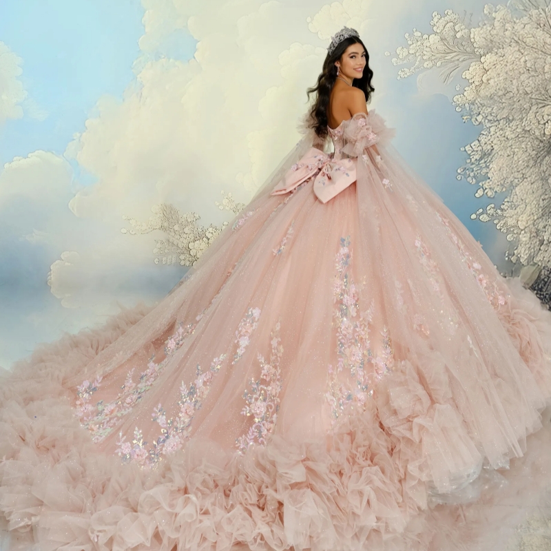 Pink Quinceanera Dresses Ball Gown Off The Shoulder Applique Lace Beads Tiered Tull Sweet 16 Dress Vestidos 15 De Anos