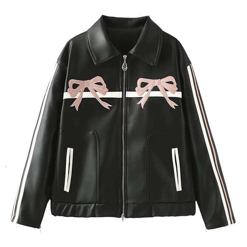 Woman's Street Style Faux Leather Cool Bow Coat Sweet Retro Lapel Long Sleeves PU Jacket Streetwear Zipper Outerwear