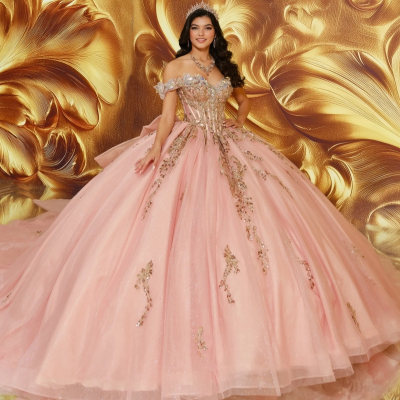 Pink Shiny Quinceanera Dresses Ball Gown Off The Shoulder Gold Applique Beading Crystal Bow Tull Sweet 16 Dress Vestidos 15 De Anos