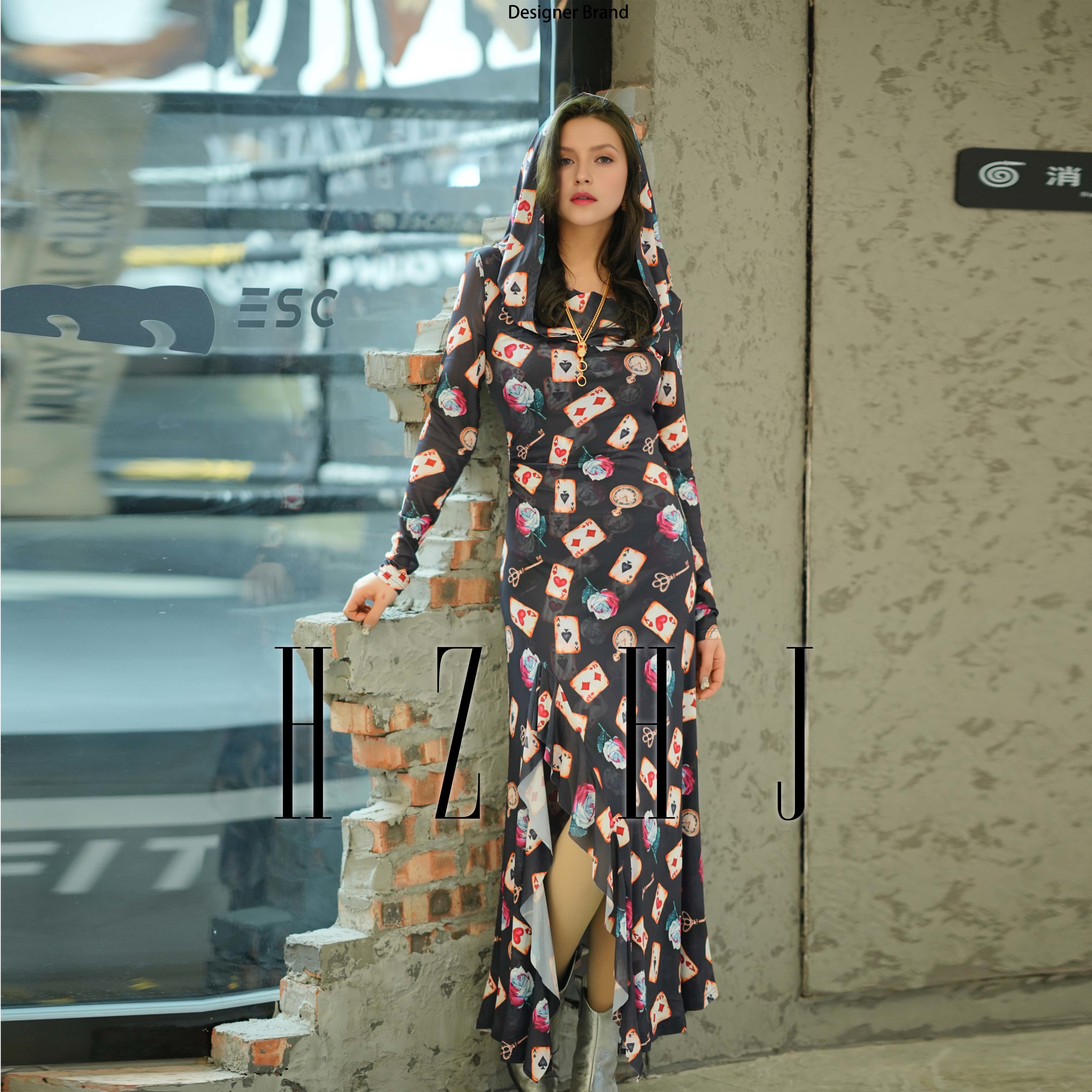 HZHJ new designer magician (with hat) long sleeved dress with slit