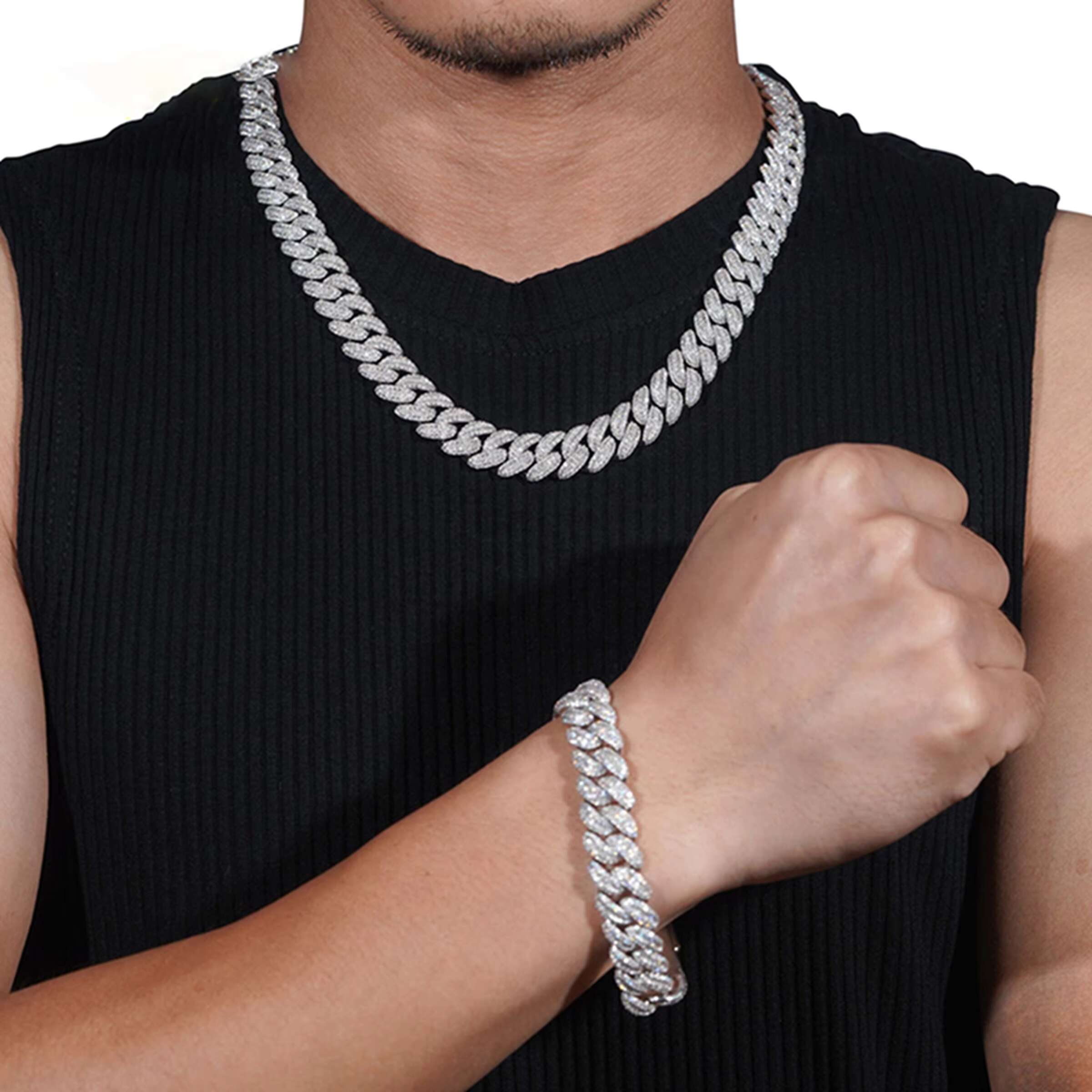 OACOCA Hot Sale 925 Sterling Silver Iced Out Necklace 13mm Rapper Style Hip Hop Prong Moissanite Cuban Link Chain