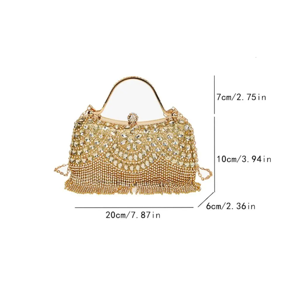 Metal Top Handle Tassel Evening Banquet Bag Glitter Wrist Bag Box Handbag Large Capacity Rhinestone Ladies Clutch Bag Women 250606