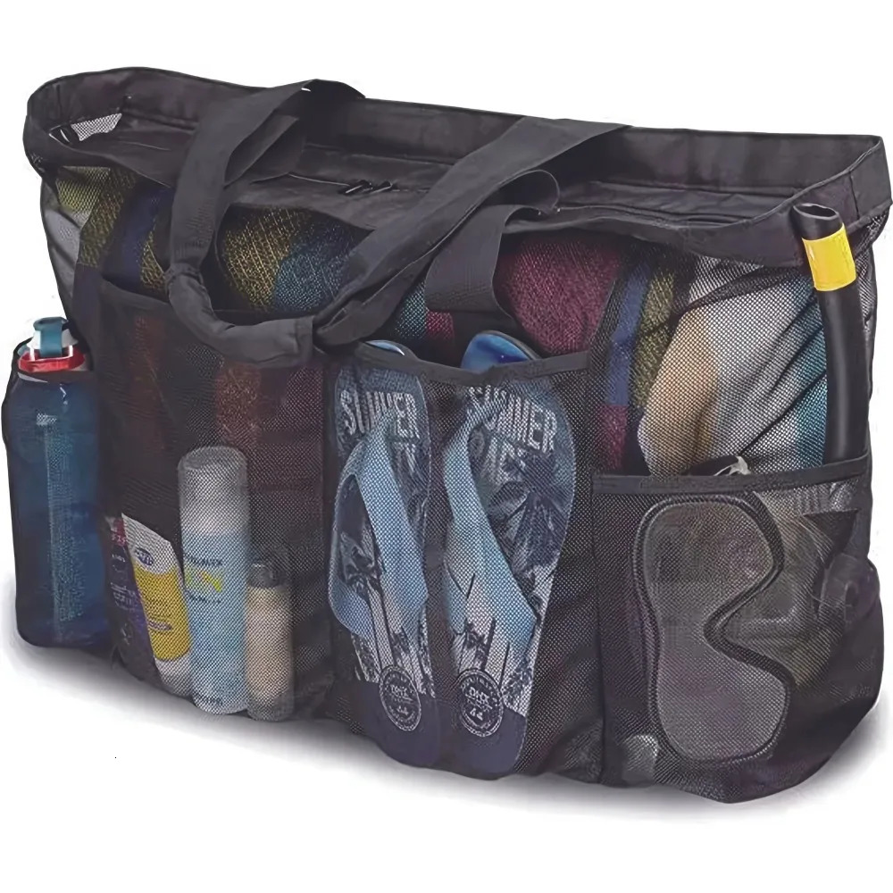 1pc Extra Large Mesh Beach Bag Breathable Tote With Zipper Side Pockets Portable Capacity Finishing Organizer Bag 250605