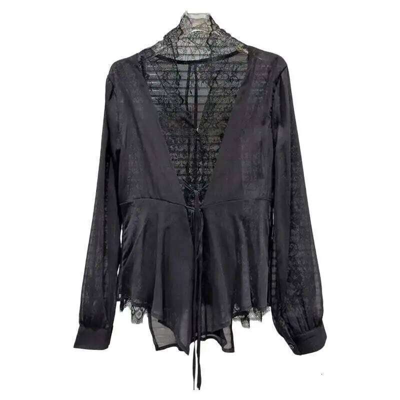 DEAT Fashion Women's Lace Patchwork Edge Sunscreen Shirt Loose Solid Color Lace-Up Long Sleeve Tops Female Trendy 11A03915