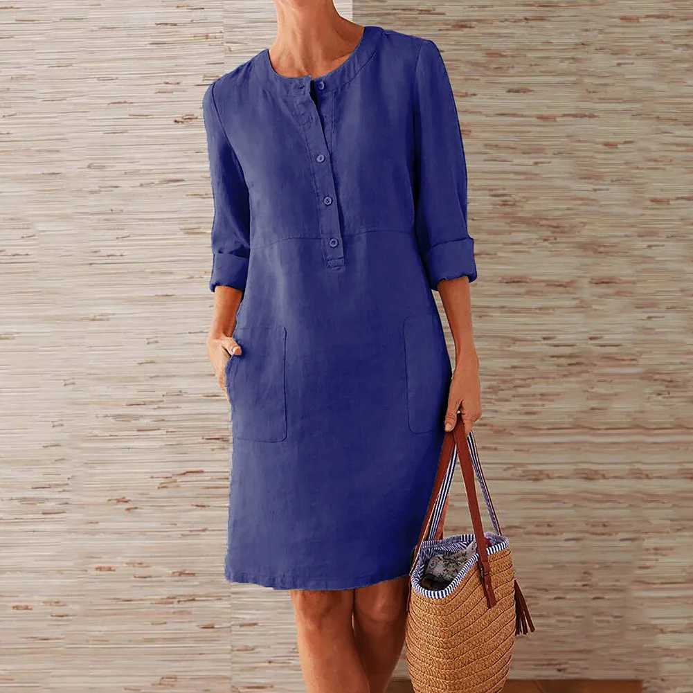 Women Casual Soild Long Sleeve Cotton And Linen Tunic Dress Vintage Straight Dress Long Sleeve Oversized Mini Knee-Length DressXJ250610