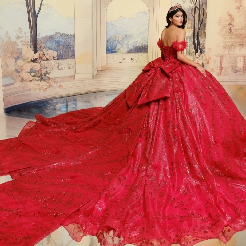 Red Shiny Quinceanera Dresses Ball Gown Off The Shoulder Sequin Applique Lace Beads Bow Tull Sweet 16 Dress Vestidos 15 De Anos