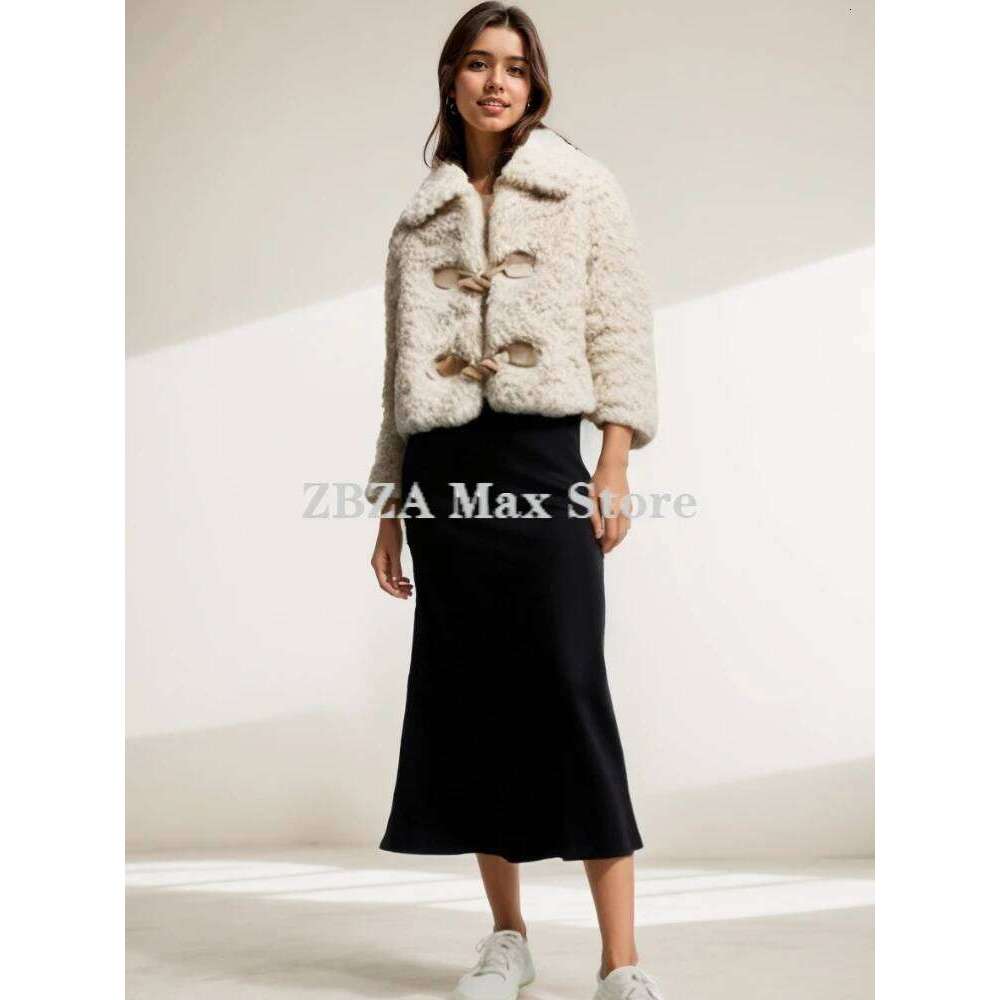 ZBZA Women's Thick Warm Lamb Jacket Solid Lapel Long Sleeved Single Breasted Pocket Faux Fur Outerwear Winter Female Chic Coat