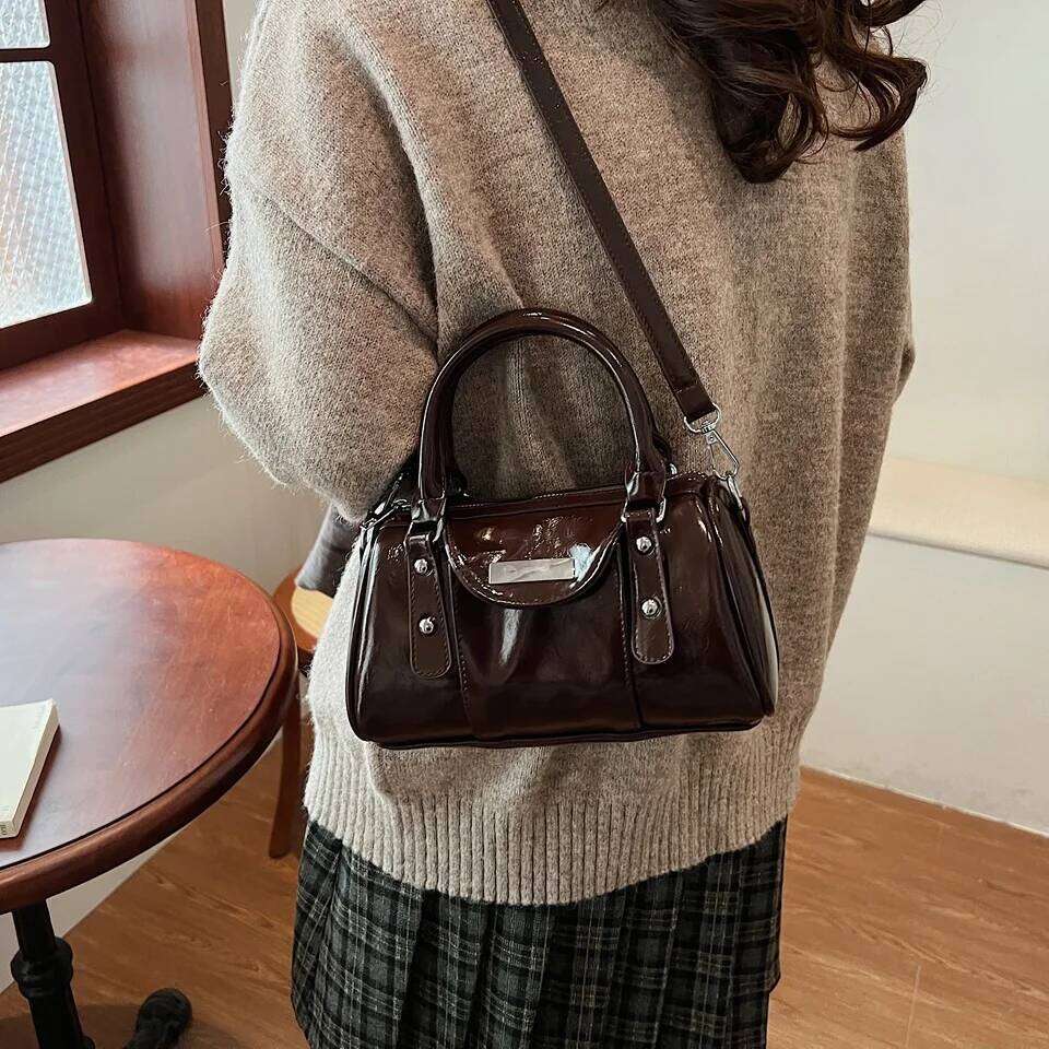 Mini Top-Handle For Women Bright Oil PU Leather Pure Color Shoulder Crossbody Bags 2025 Latest Designer Handbag Sac
