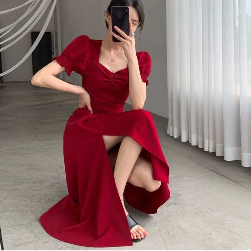 Solid Puff Short-Sleeved Elegant Slit Dress New Fashion Women V-neck Full Dresses Ladies High Waist Slim Evening Party Vestidos XJ250610