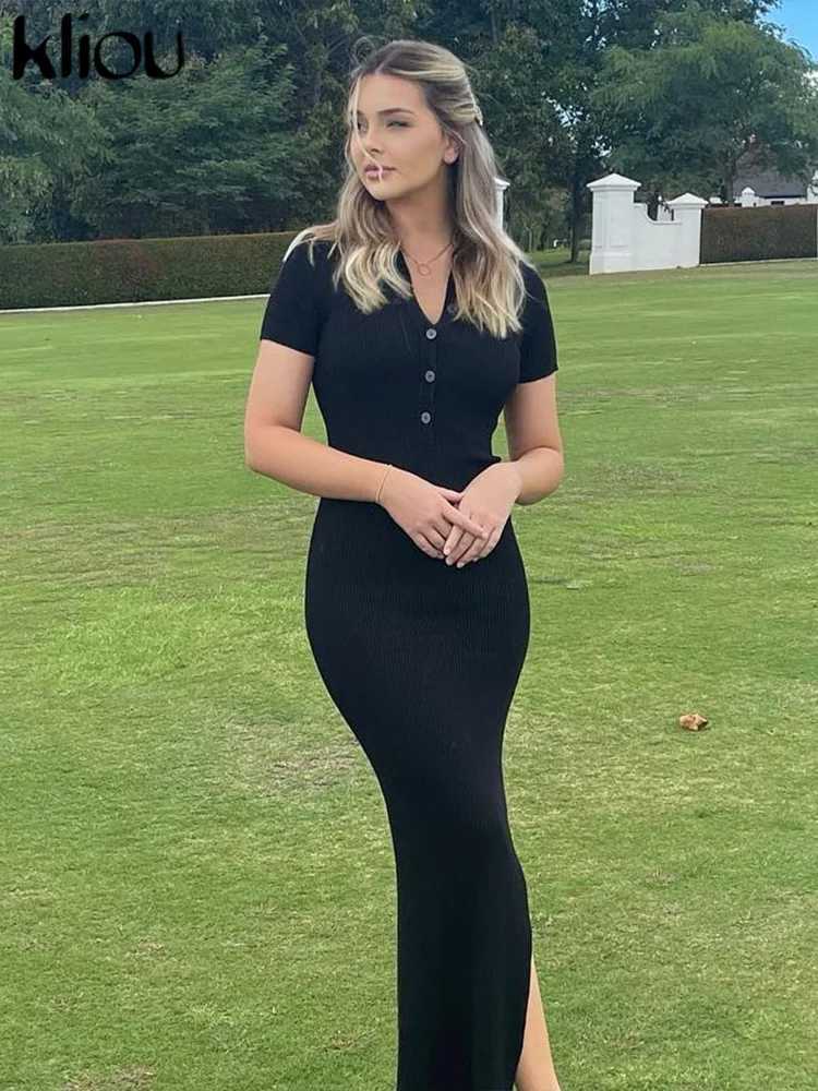 Kliou Elegant Office Lady Maxi Dress Women Solid Fashion Turn-down Collar Short Sleeve Button Side Slit Body-Shaping Street RobeXJ250610