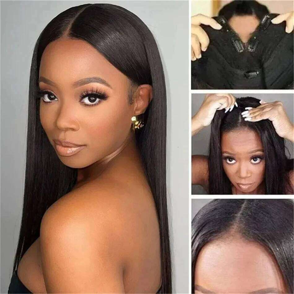 Wig Straight hine Made Peruvian Remy 100% Human Hair Quality Clip In Natural Black Color V Part Wigs