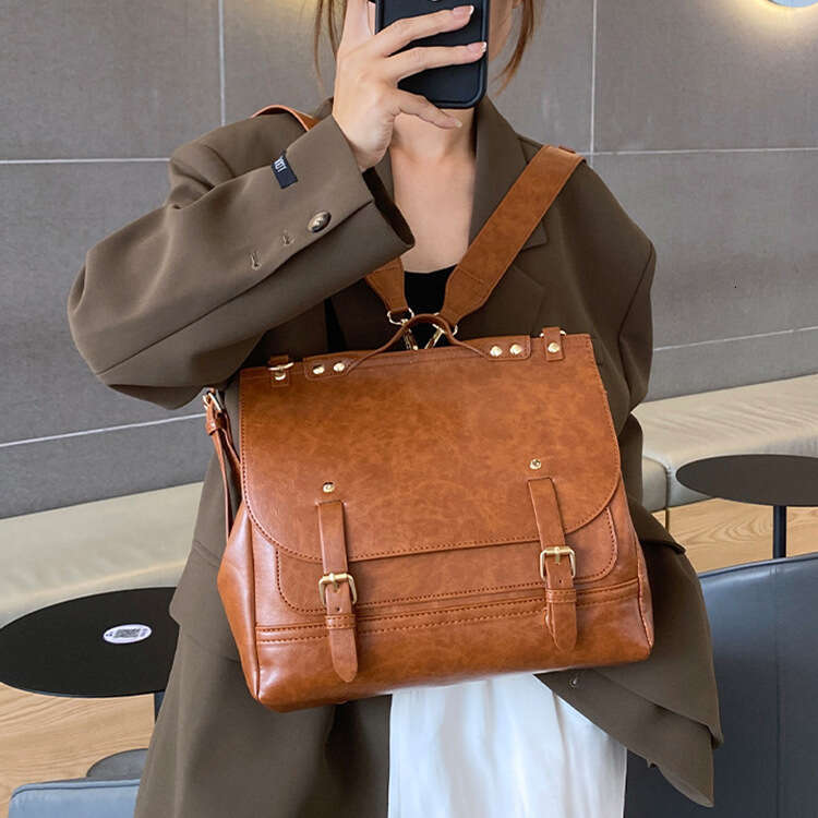 Artistic College Style Backpack Oil Wax Leather Texture Large Capacity Simple Commuter Crossbody Messenger Bag