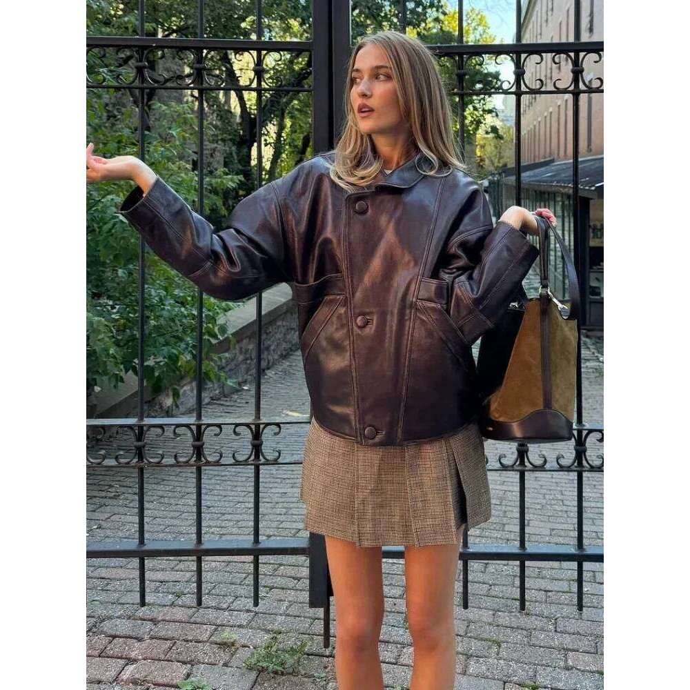 Vintage Bury Faux Leather Jackets Long Sleeve Single Breasted Pockets Lapel Coats 2024 Autumn Wwinter New Lady Streetwears