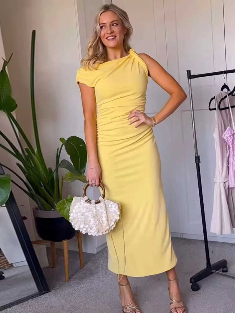 TRAF Yellow Draped Long Dresses for Women Asymmetric Summer Dress Woman 2025 Sleeveless Party Womens Dresses Pleated Beach Dress XJ250610