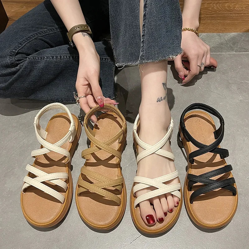 Upgraded Roman sandals womens flat-soled elastic band soft-soled summer sandals womens cross-strapped sandals 250604