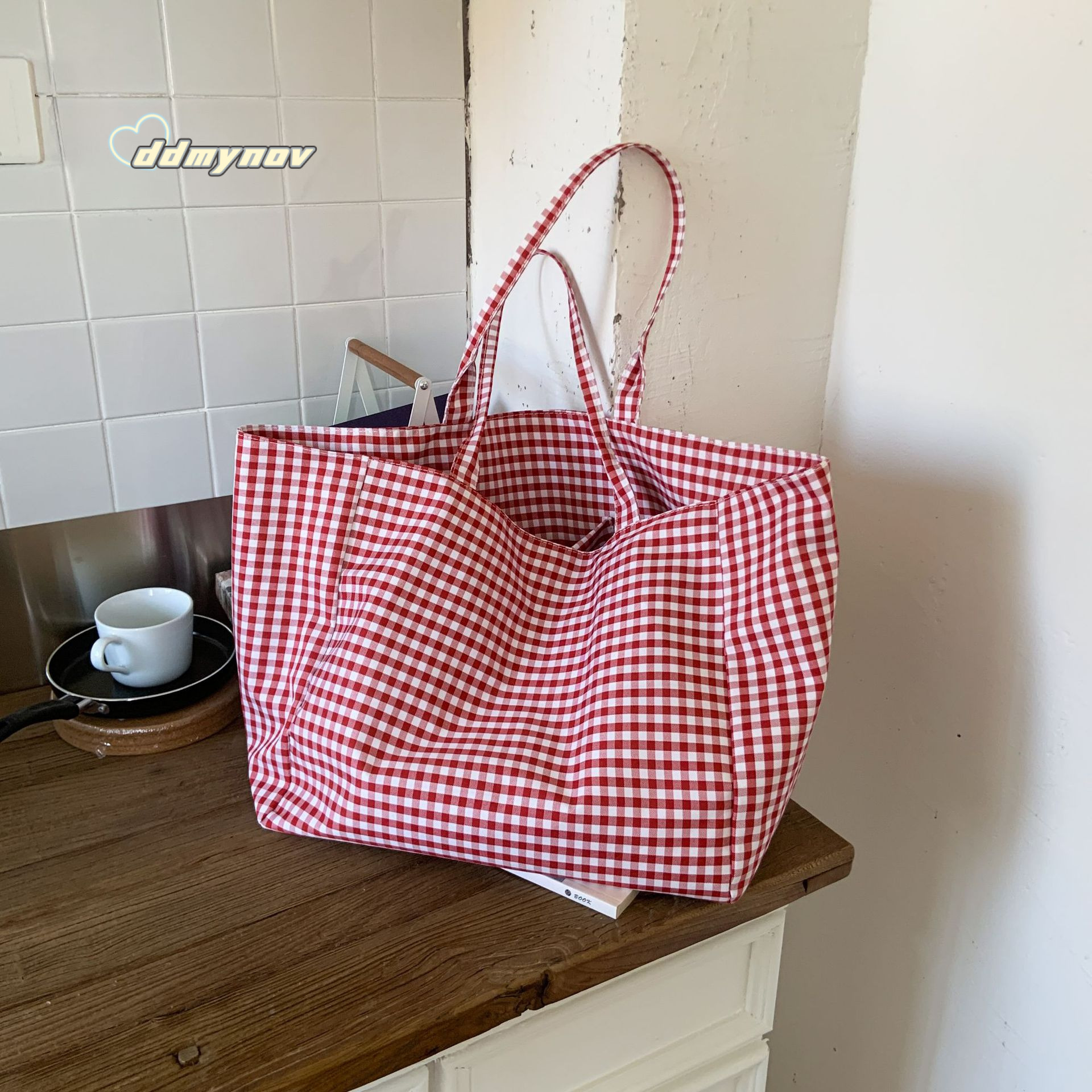 Korean Dongdaemun Large Capacity Plaid Tote Ins Trendy Fashion Artistic Lazy Shoulder Underarm Bag ddmynov