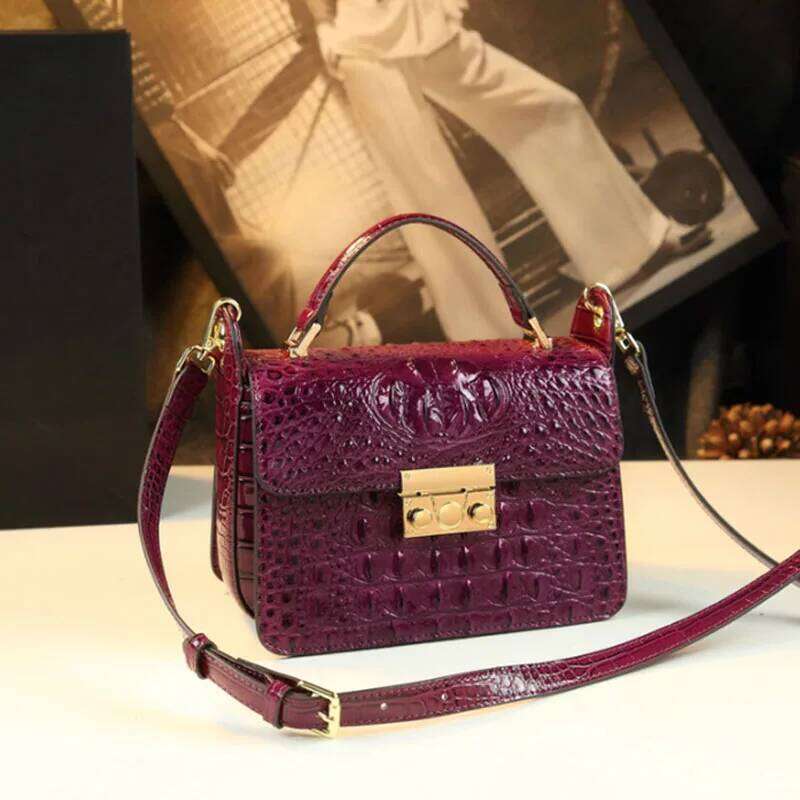 Crocodile Patterned Small Square Genuine Leather Bag, Luxurious Handbag, Fashionable Single Shoulder Crossbody Bag