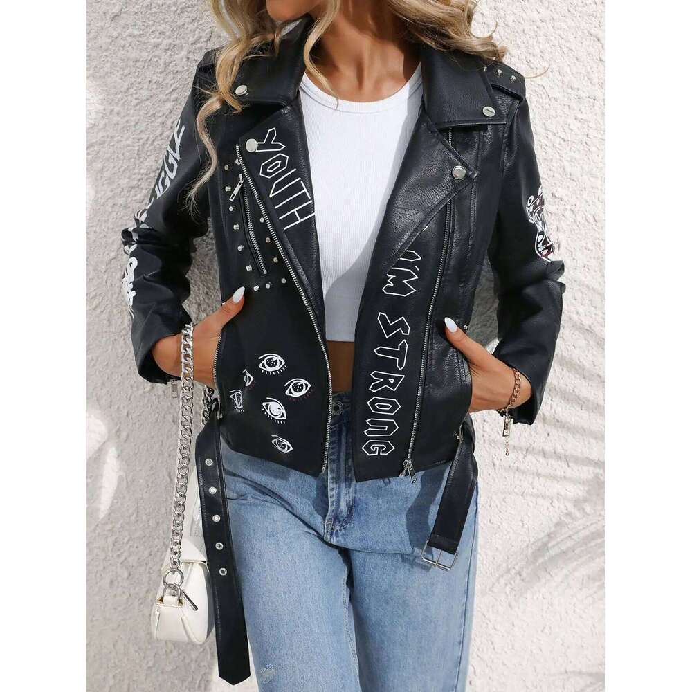 Fitaylor Women Faux PU Jacket Casual Lady Lapel Zipper Graffiti Print Leather Coat Moto Bike Rivet Outwear