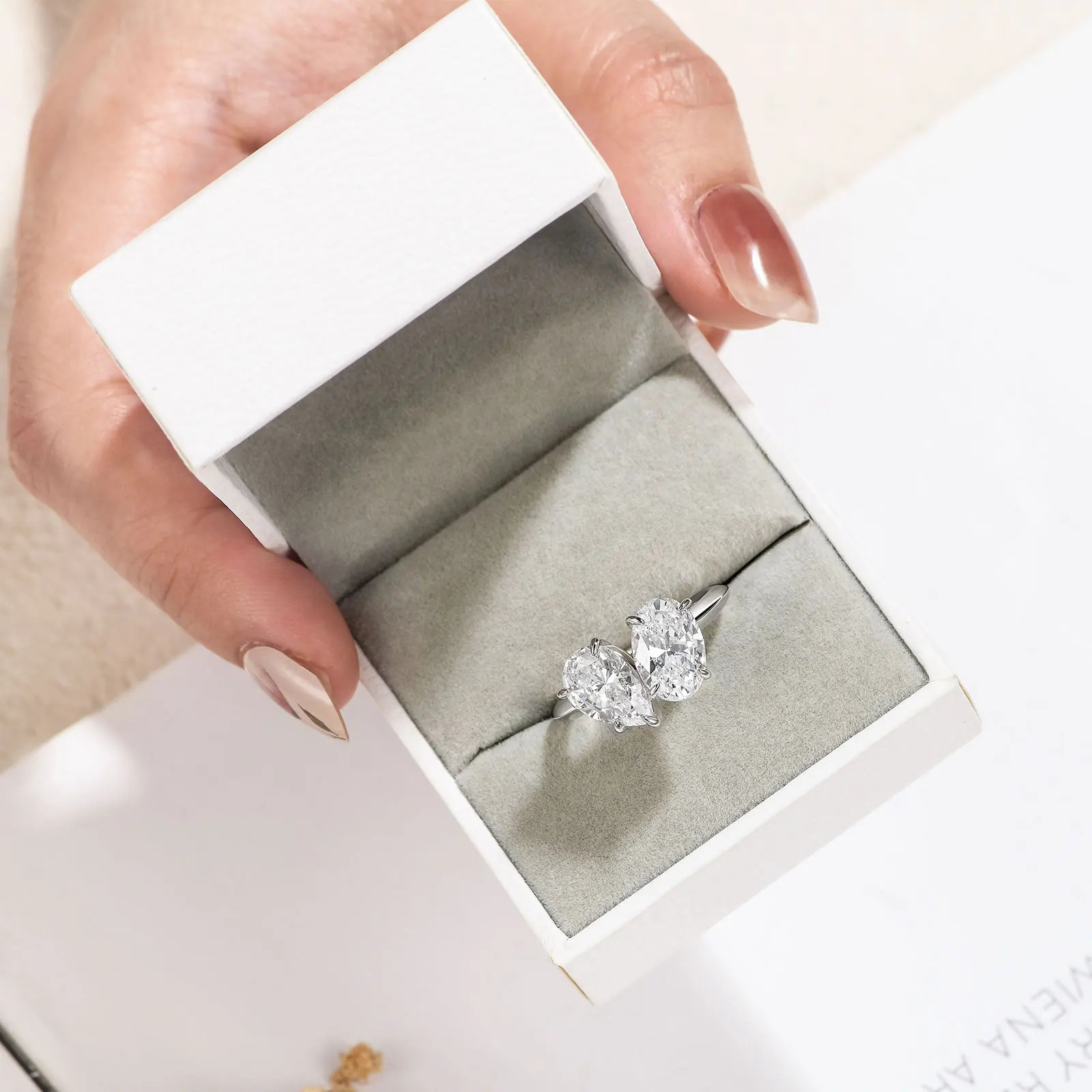 she Real 925 Silver Toi Et Moi Engagement Ring for Women Cocktail Solitaire Oval Pear Zircon Rings Dating Jewelry 250610