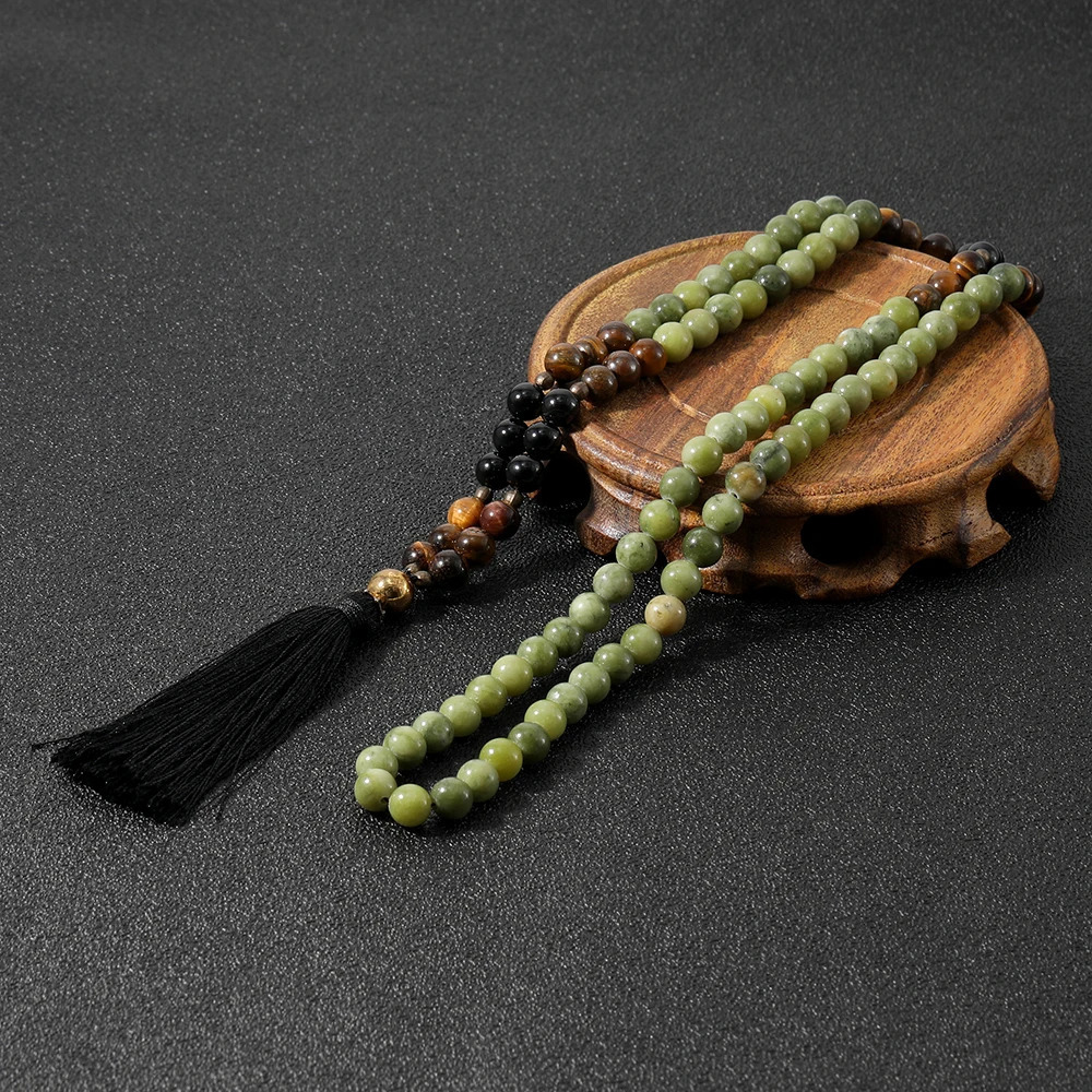 OAIITE 108 Mala Beaded Necklace 8MM Southernjade Black Onyx Japamala Blessing Meditation Buddha Head Tassel Long Chain Jewelry 250604