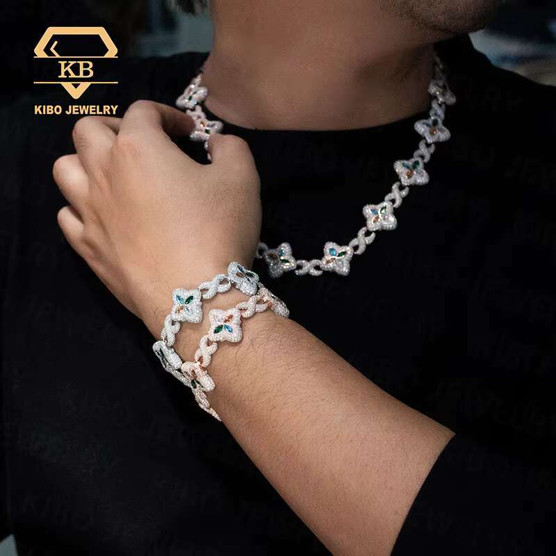 Hot Selling Clover Ice Chain New Tennis 4 Leaf Necklace 22mm Bracelet 925 Silver Moissanite Men Iced Out Hip Hop Chain