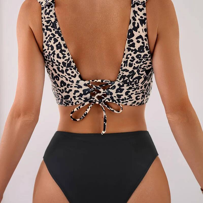 Women's Two-Piece Swimsuit Sexy Leopard Print Bathing Suit Lace Up Swimwear High Waist Bikini Sets Female Board Shorts Swimming