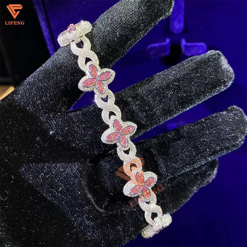 Custom Hip Hop Jewelry 14mm White Gold 925 Sterling Silver Pink Moissanite Diamond Four Leaf Clover Infinity Link Bracelet