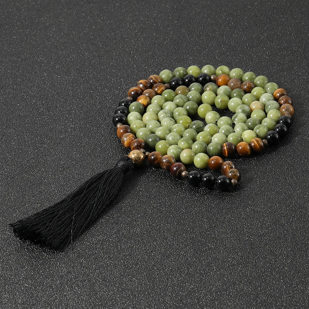 OAIITE 108 Mala Beaded Necklace 8MM Southernjade Black Onyx Japamala Blessing Meditation Buddha Head Tassel Long Chain Jewelry 250604