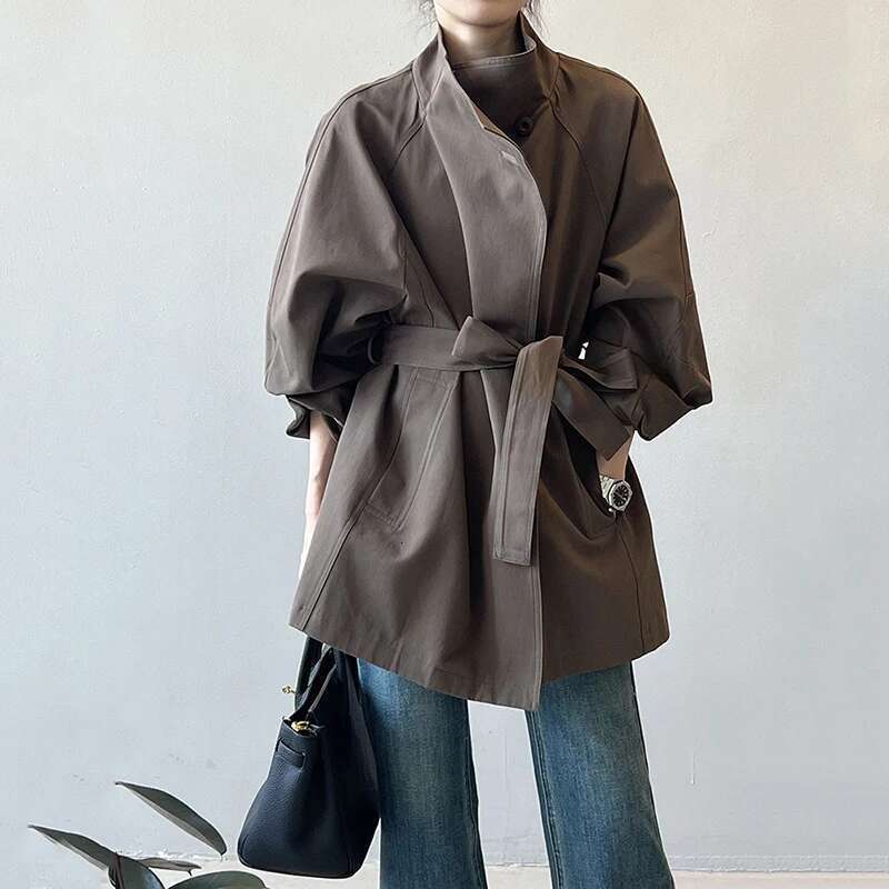 Sleeve Windbreaker Women Vintage Elegant Trench Coat Office Lady Belt Jacket Loose Waist Stand Collar Fashion Long Coats