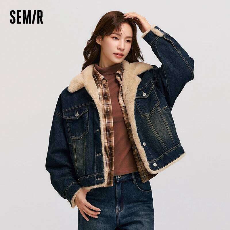 Semir Denim Women Patchwork Imitation Rabbit Fur Lapel Loose 2024 New Winter Quilted Jacket
