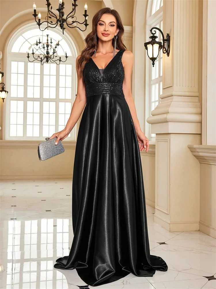 Elegant Sequins Evening Dress For Women 2024 Deep V-neck Satin Prom Party Green Dress Floor Length Blue Formal Gowns XJ250610