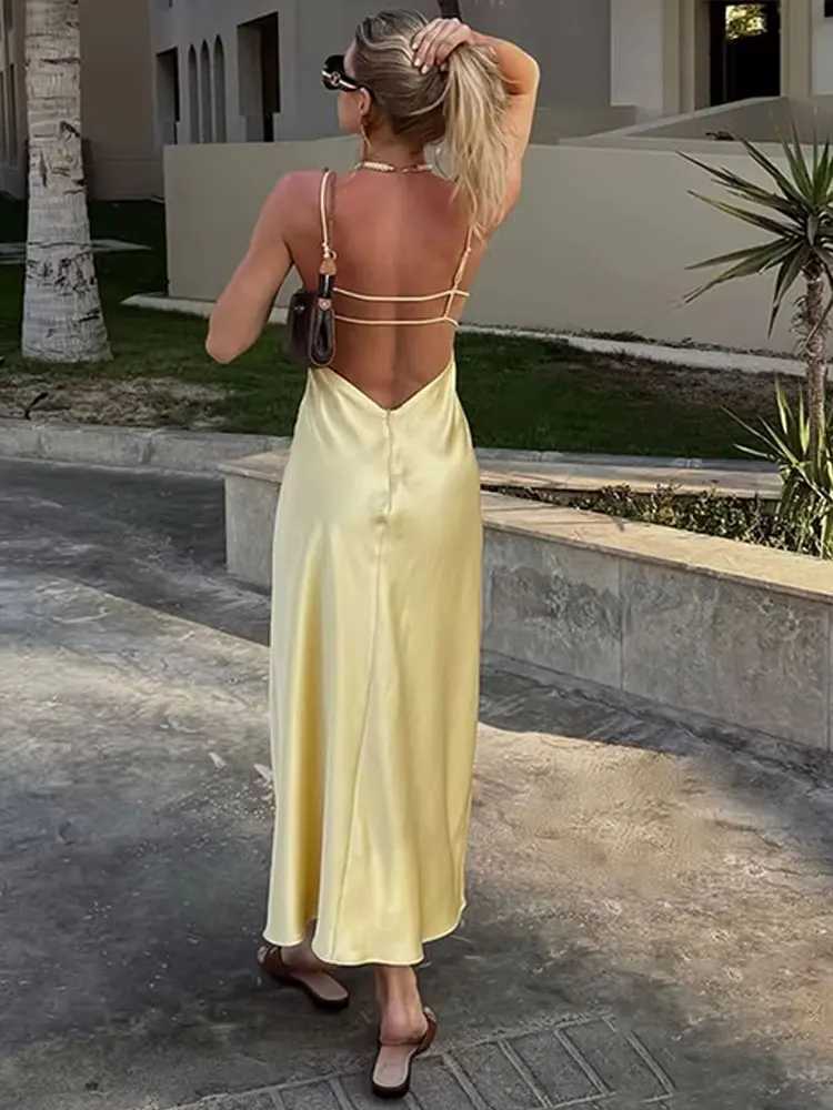 TRAFZA Women Summer Yellow Stain V Neck Sling Dress Elegant Sleeveless Loose Maxi Robes 2025 New Ladies Party Holiday Dresses XJ250610