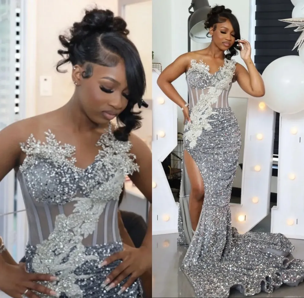 Sparkly Sequined One Shoulder Prom Dresses Elegant Bead Appliques Evening Dress High Side Split Celebrity Party Gown Customized