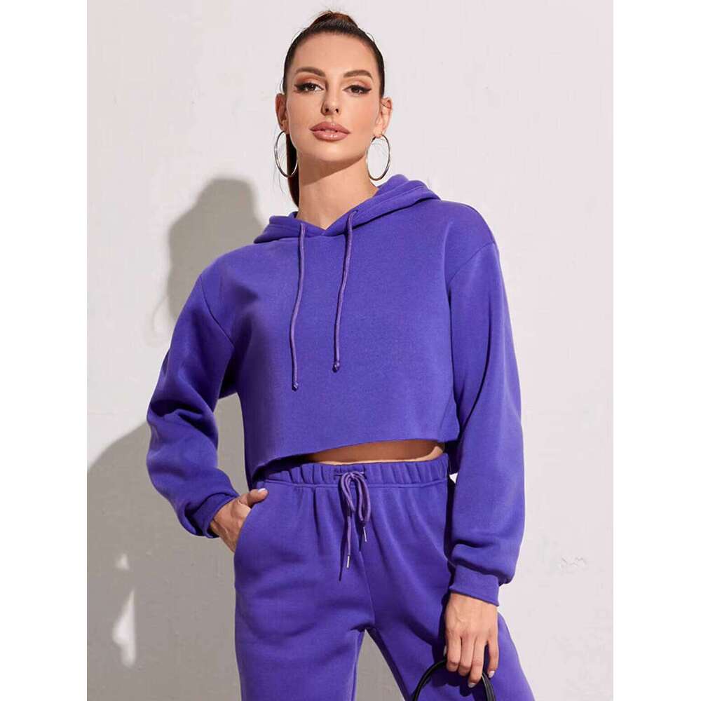 Premium Solid Color Long Sleeve Pullover Crop Sweatshirt Women's Hoodie Cotton Sports Streetwear