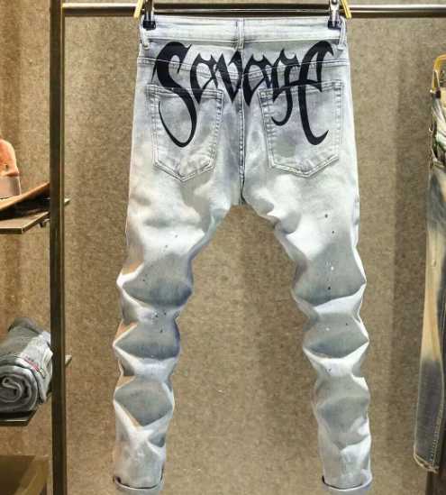 Men's Jeans Spring and autumn men's trendy high street ink-wash jeans, youth elastic and form-fitting, personalized printed small-legged long pants for men Q250610