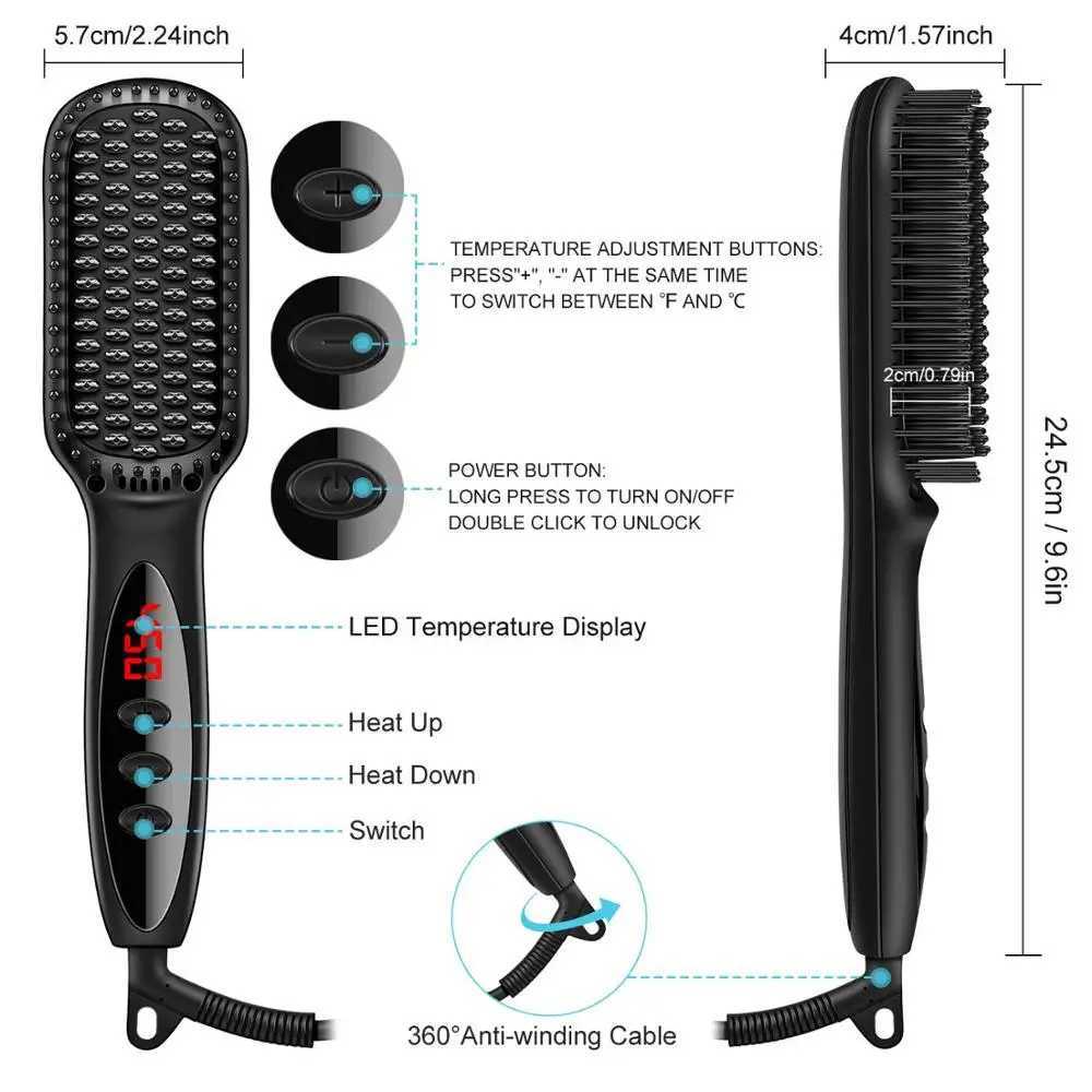 Hair Straightener Hot Comb 230 Anti-Scalding Hair Brush Ceramic Heating LCD Display Dual Voltage Silent Beard Straightener Iron W250610