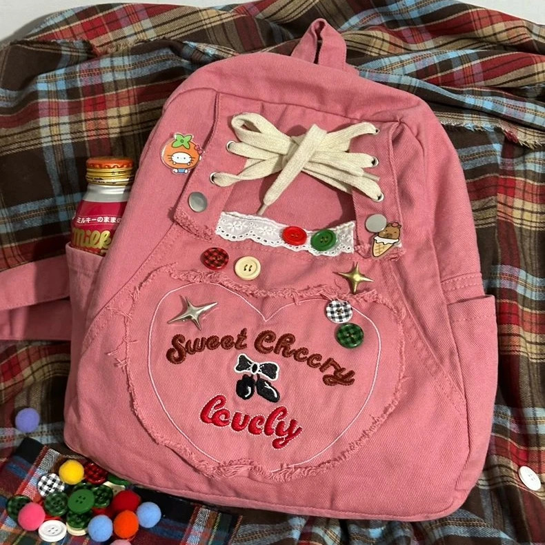 Japanese Cartoon Cute Backpack Schoolbag School Supplies Womens Bags Kawaii Bow Button High-capacity Backpacks 250606