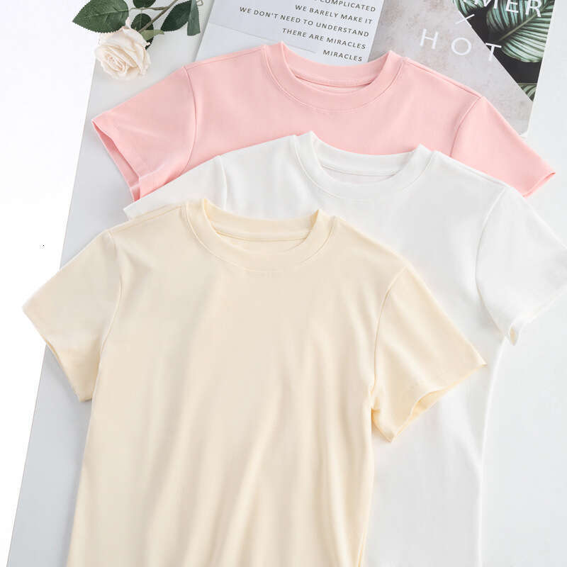 2025 Summer New Style Regular Shoulder Sleeve T-Shirt Fit Waist Hot Girl Casual Slim Round Neck Short Top for Women-pink