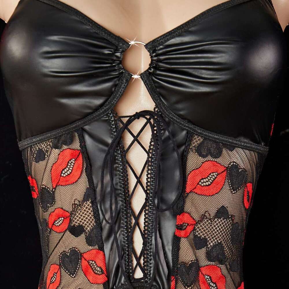 Spell Lingerie Porn Suits Patent Leather Lace Embroidery Patchwork Sexy Lingerie Temptation Binding Passion Flirting Set Sexy Lingerie