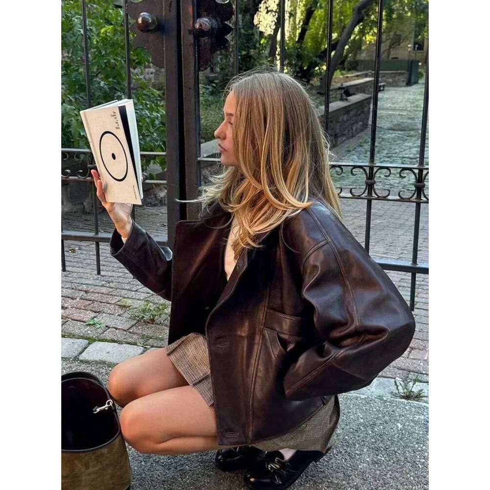 Vintage Bury Faux Leather Jackets Long Sleeve Single Breasted Pockets Lapel Coats 2024 Autumn Wwinter New Lady Streetwears