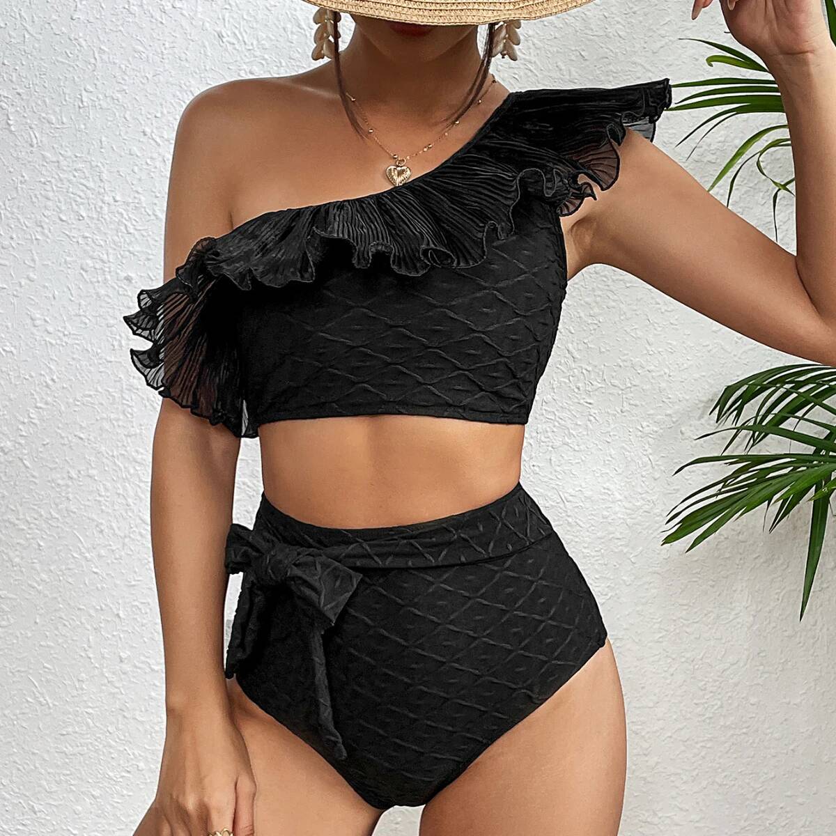 2025 New Sexy High Waist Ruffled Bikini Set Flounce Swimwear Women Swimsuit Solid Strappy Beachwear V-neck Bathing Suit Biquini