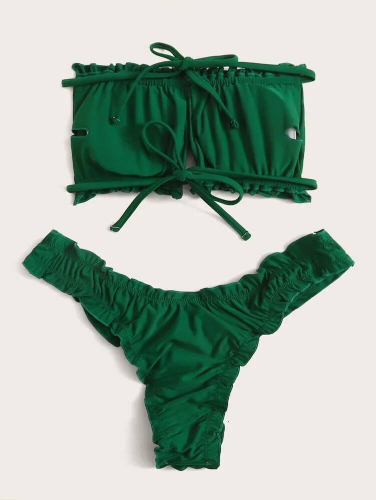 Swim Summer Beach Ruched Lettuce Trim Bandeau Bikini Set