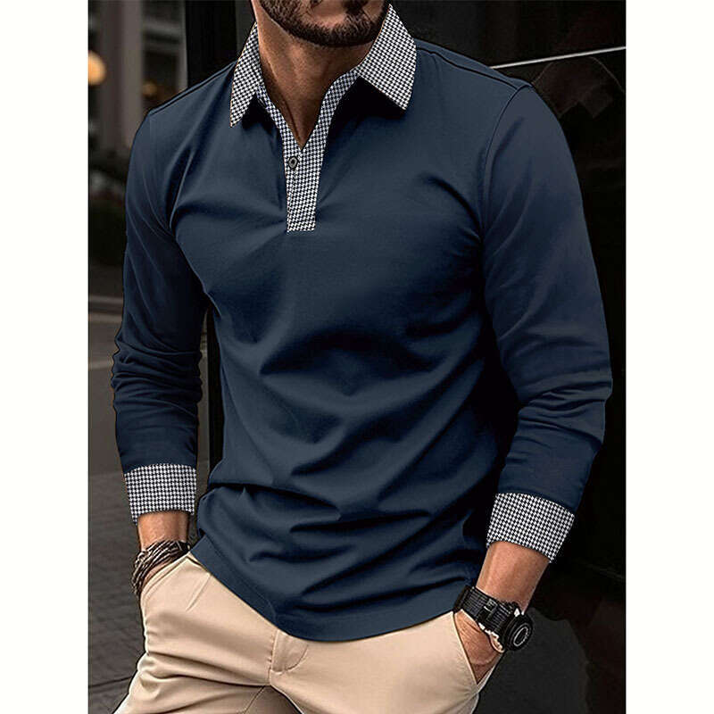 New Men's Long Sleeve Spring And Autumn Color Block Print Casual Polo Shirt B5