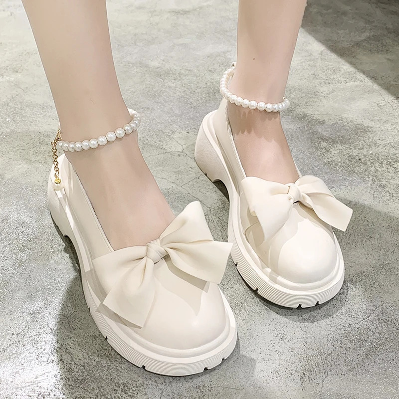 Fashion Mary Jane Shoes Women 2024 Spring/summer Pearl Bow Single Shoe Chunky Heel Small Leather Shoes 250603