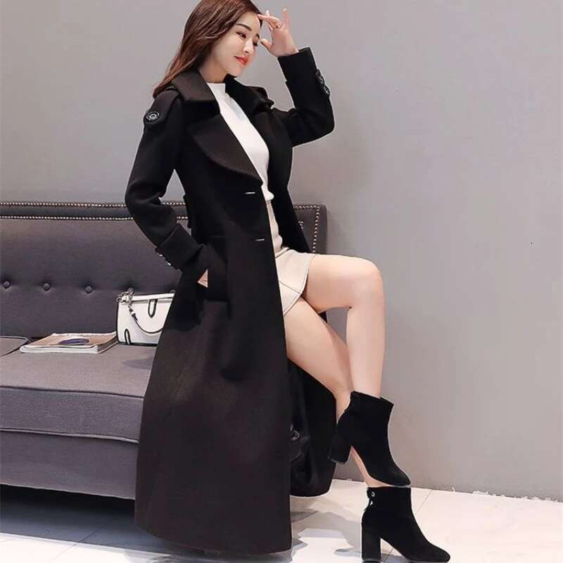 Women's Long 2023 Spring Autumn New Korean Waist Slimming Over-Knee Thick Keep Warm Woolen Coat Lady Overcoat